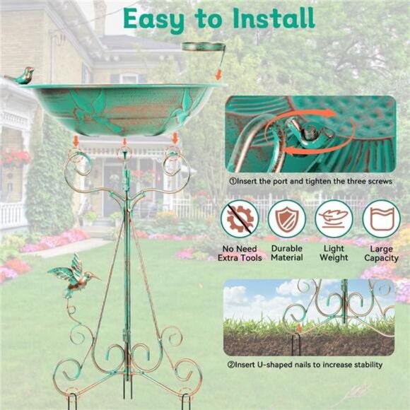 13” Bird Bath,Metal Bird Bath for Outside,Pedestal Bird Baths,Vintage Birdbath - Picture 6 of 7